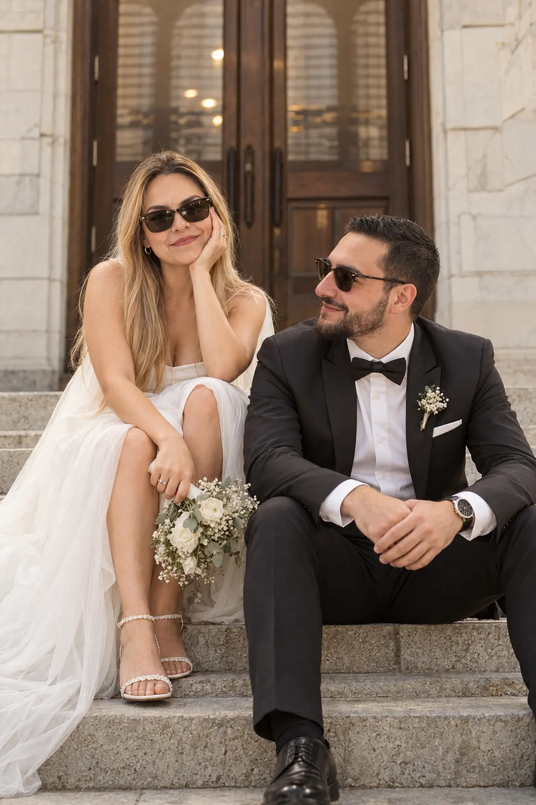 Juan Camilo y María Camila sentados en una escalinata, con gafas de sol